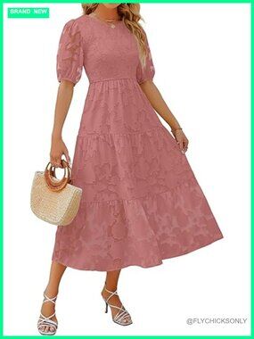 Short Puff Sleeve Smocked Floral Lace A-Line Tiered Maxi Dress